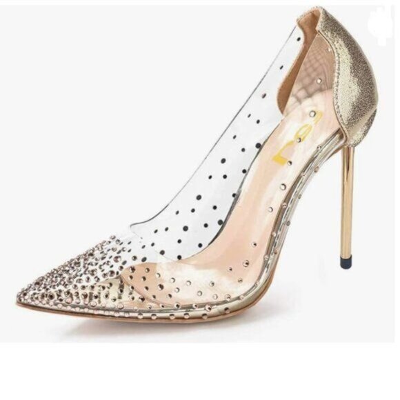 FSJ Gold Studded Pointed Toe Transparent Pumps High Heels Shoes - Picture 1 of 8